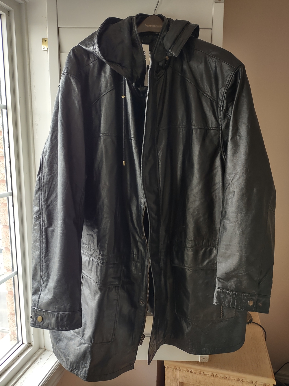 NWT Men's Black Leather Hooded Trench Coat 6XL